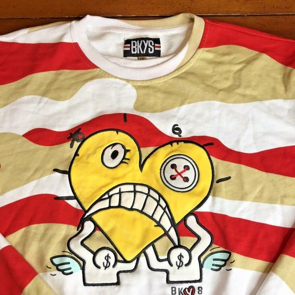 BKYS Yellow Sad Heart Angel Striped Long Sleeve Sweatshirt Mens 2XL Streetwear‎ - Picture 1 of 8